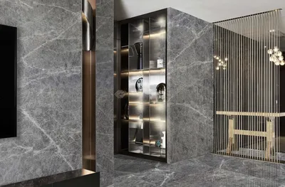 Contemporary interior design with Turkish grey marble